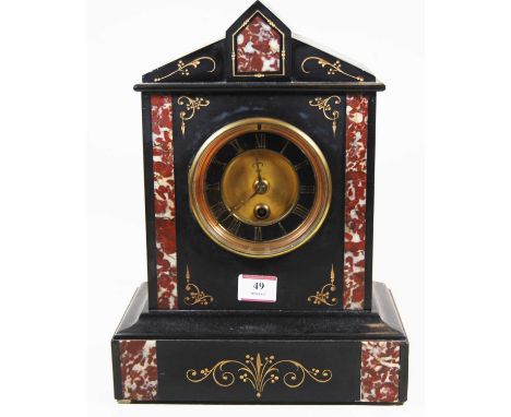 A Victorian black slate and rouge marble mantel clock, of architectural form, the chapter ring showing Roman numerals, height