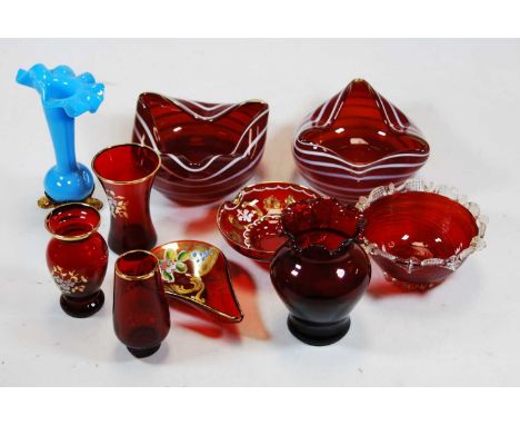 Assorted modern ruby glass wares, turquoise glass jack-in-the-pulpit vase, etc