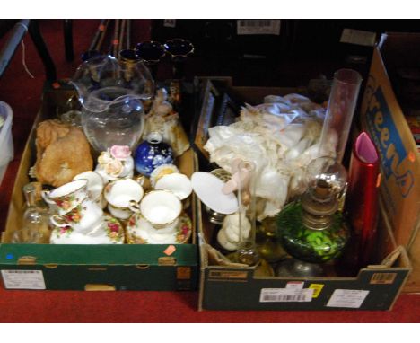 Two boxes of ceramics and glassware to include a Royal Albert Old Country Roses part tea service, an early 20th century oil l