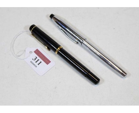 A Pelikan fountain pen, having black barrel, black lid with gilt banding and clip; together with a Cross fountain pen, in lea