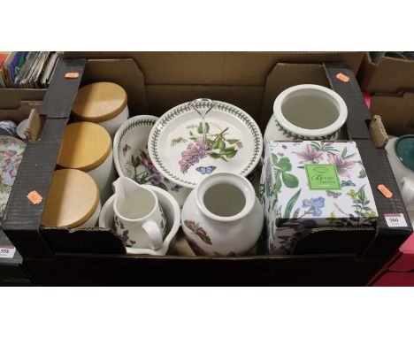 Two boxes of mixed china to include Portmeirion Botanical Garden, Denby Wheatsheaf, and Royal Worcester Evesham oven-to-table