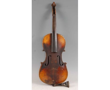 An Italian violin, having a two piece maple back with ebony fingerboard and mother of pearl inlaid tailpiece, bearing a label