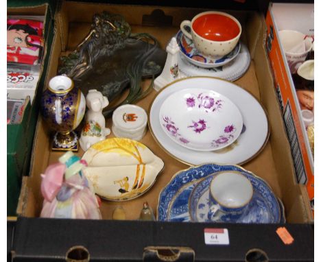 A box containing mixed ceramics to include Royal Doulton porcelain figure 'Miss Demure', a Royal Worcester gilt and floral pa