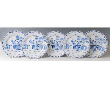 A set of five Chinese export blue and white porcelain cabinet plates, each depicting figure landscape scenes, dia.25cmConditi