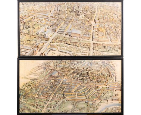 After A C Webb, circa 1945. A pair of lithograph landscape town plan proposals for post war Exeter:, framed and glazed, 44cm 