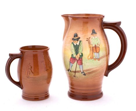 A Royal Doulton Kingsware Golfing  jug after Chas Crombie, decorated with a man in green waistcoat and red breeches addressin
