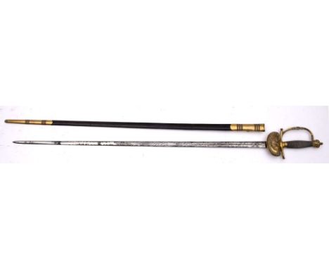 A William IV Court Sword, the straight double edge single fuller blade with acid etched decoration , over a gilt brass clam s