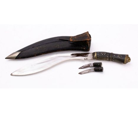 An early 20th century horn handled  kukri,  the nickel plated  blade with stipple decoration  stamped 'I.C.E' to one side, br