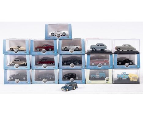 A boxed group of Oxford 1/76th scale vehicles, including railway, commercial and automobile series. 