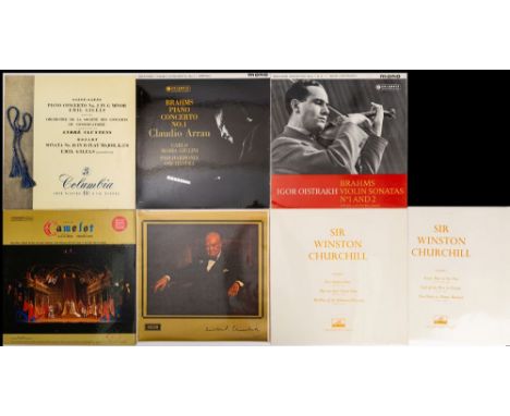 Seven Early issue Classical LPs on Columbia and Decca labelsIncluding Saint-Saens, Brahms, Camelot (original Broadway Cast), 