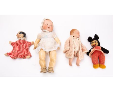 An Armand Marseilles bisque-head baby doll, moulded hair, blue glass sleeping eyes, open mouth with teeth and painted face, s