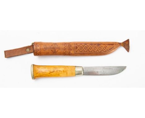 A Finnish Hunting knife, maker J Marttiini, Roveniemi,  the straight single edge blade signed as per title  with one piece wo