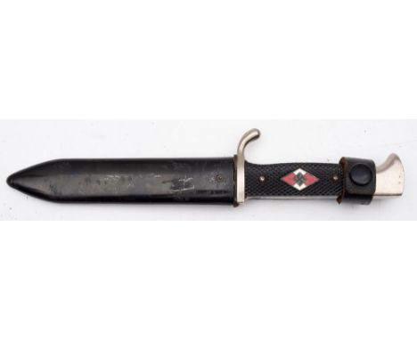 A Replica Hitler Youth Dagger, the straight single edge blade, over single quillon hilt and two piece chequered grip inset NS