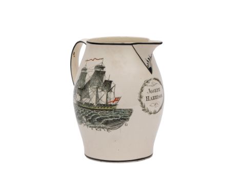 A large Liverpool creamware ship jug with strap handle, one side with a coloured print of the brig 'Peggy of Maryport' wearin