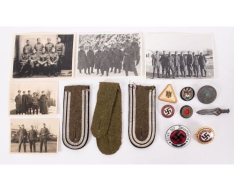 A small collection of German Militaria, including and NSDAP badge, epaulettes and four WWII photographs of  German infantry e