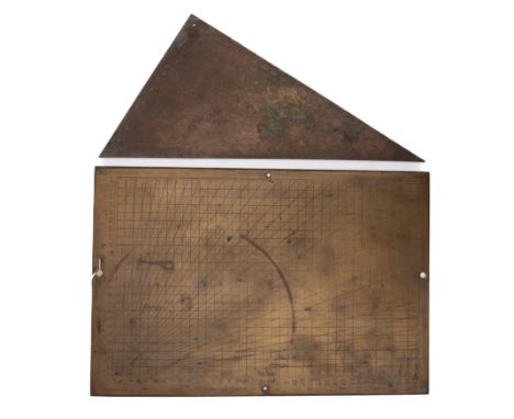 Two brass trajectory plates, formerly of HMS 'Exeter': one of rectangular form with calibrated sides, 39 x 26cm, the other of