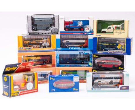 A boxed group buses and commercial vehicles, mainly buses to include three Creative Master Northcord, and Dinky Aveling-Barff