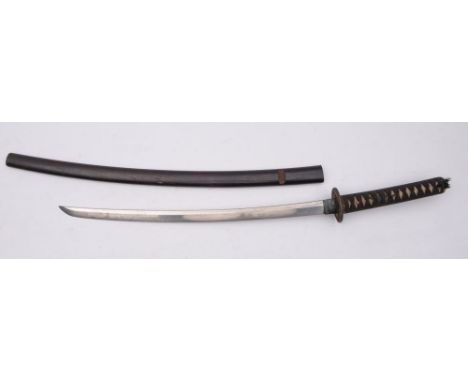 A Japanese Katana, the blade with feint hamon, copper habki  above an gold inlaid iron maru gata shaped tsuba with signature,