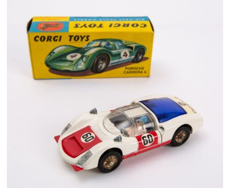 Corgi 330 Porsche Carrea 6 Racing Car: white body with black interior and driver, red bonnet, front splitters, sill and doors