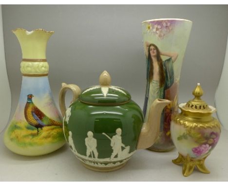 A Royal Worcester pot pourri vase, 277, a Worcester Locke & Co. vase signed Blake, a Royal Bonn vase signed and a Copeland te