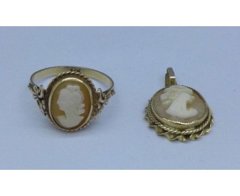 A 9ct gold cameo ring and pendant, total weight 3g, K