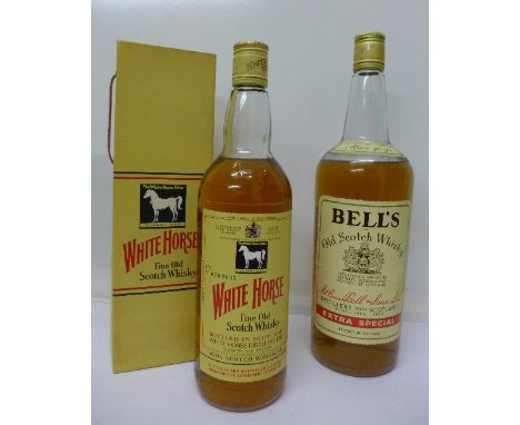 A bottle of White Horse Whisky, boxed and a bottle of Bell's Scotch Whisky