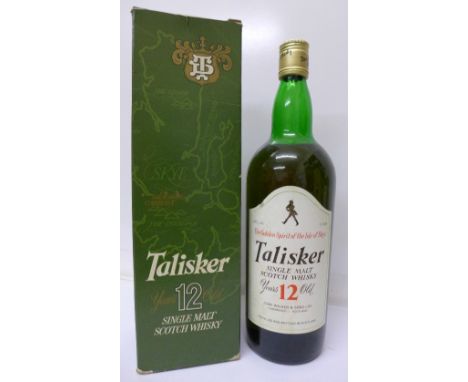 A bottle of Talisker Twelve Years Old Single Malt Scotch Whisky, boxed