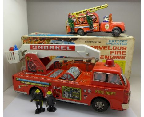 Three tin-plate toy fire engines including a boxed Japan made battery operated Marvelous Fire Engine