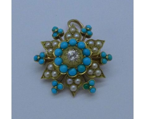 A yellow metal, diamond, turquoise and seed pearl brooch, 8.6g