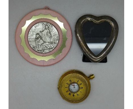 A silver heart shaped photograph frame, a sterling silver religious plaque and a pocket watch, pocket watch a/f