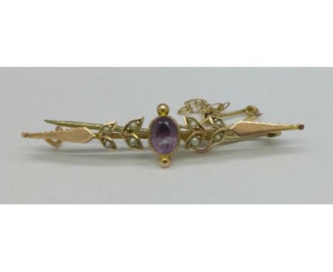 A 9ct gold, amethyst and pearl brooch, 2.5g