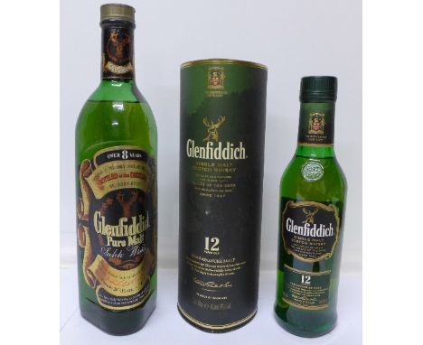 A bottle of Glenfiddich Twelve Years Old Single Malt Scotch Whisky, boxed and a bottle of Glenfiddich Over Eight Years Pure M