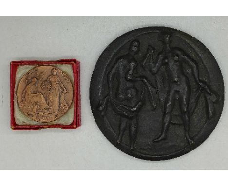A 1960's bronze plaque by Ed Van Teeseling, to commemorate the invention of Ovestin, a medicine, and a bronze RHS medallion