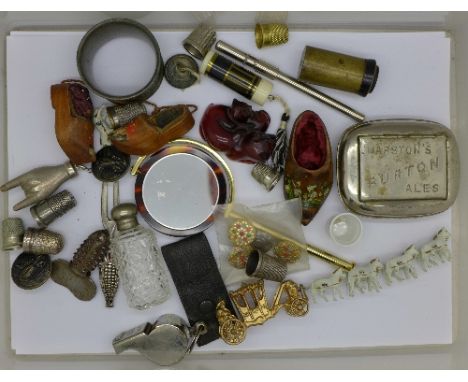 A Marston's Burton Ales snuff box, a novelty pin cushion, thimbles, etc.