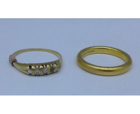 A 22ct gold wedding ring and a yellow metal ring, 6g, K and 2.3g, M, a/f