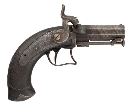 AN IRISH 32 BORE PERCUSSION TRAVELLING PISTOL BY M. & J. PATTISON, DUBLIN, CIRCA 1840with browned twist sighted barrel inscri