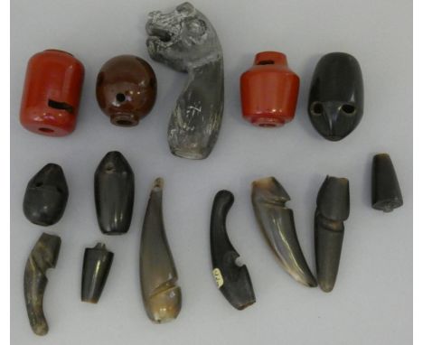 THREE WHISTLING ARROW HEADS, FIVE HORN NOCKS FROM BOWS, A QUANTITY OF BOW STRINGS AND MISCELLANEOUS ARCHERY ACCESSORIES, 19TH