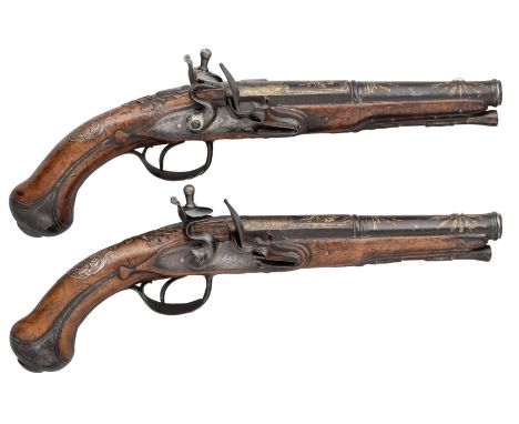 A PAIR OF FRENCH 25 BORE FLINTLOCK PISTOLS BY PENEL FRERES, MID-18TH CENTURYwith two-stage russet iron cannon barrels with mo