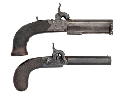 A 54 BORE PERCUSSION POCKET PISTOL BY W. HOLLIS, CHELTENHAM, BIRMINGHAM PROOF MARKS, CIRCA 1840 AND A 45 BORE PERCUSSION PIST