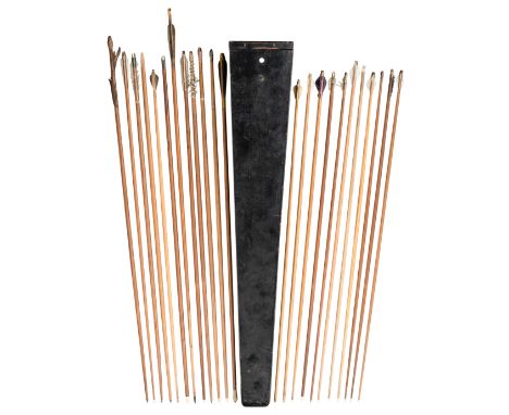 ˜TWENTY-FOUR OTTOMAN TARGET ARROWS, TURKEY, 18TH/19TH CENTURY; AN OTTOMAN STYLE QUIVER AND TWO OTTOMAN STYLE ARROW STANDSthe 