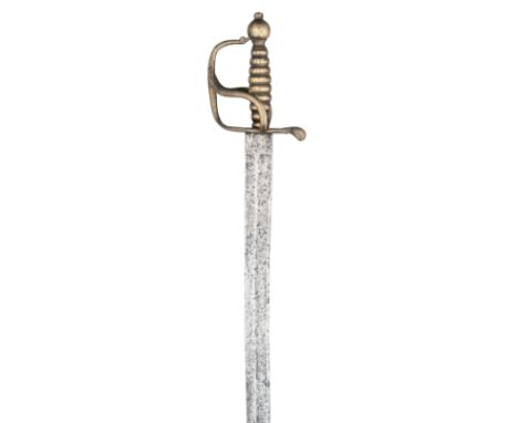 A RARE ENGLISH BRASS HILTED MILITARY HANGER BY THOMAS HOLLIER, SECOND QUARTER OF THE 18TH CENTURYwith curved blade double-edg