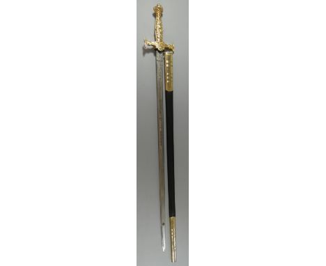 SIX MASONIC SWORDS, 20TH CENTURYeach with broad double-edged blade etched with scrollwork, a crucifix and the Masonic compass