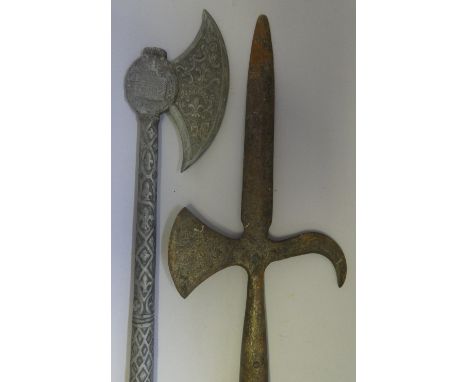 TWO DECORATIVE IRON SWORDS, A HALBERD HEAD AND AN AXE, LATE 19TH/20TH CENTURY, AN ARMING SWORD, 17TH CENTURY AND A NAVAL DIRK