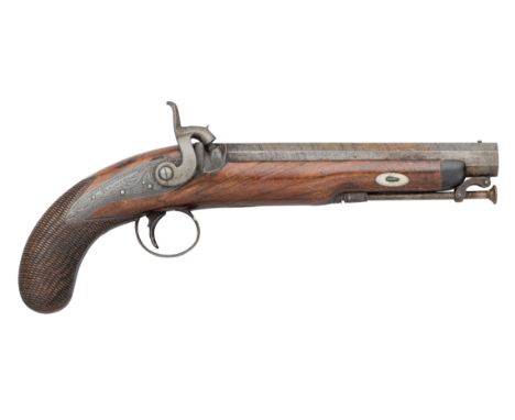 AN 18 BORE PERCUSSION TRAVELLING PISTOL SIGNED HOLMES, BIRMINGHAM PROOF MARKS, MID-19TH CENTURY, POSSIBLY LIVERPOOL; with oct