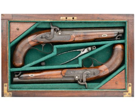 ˜A CASED PAIR OF 16 BORE PERCUSSION OFFICER~S PISTOLS BY HAMBURGER & CO., LONDON, BIRMINGHAM PROOF MARKS, CIRCA 1850with twis