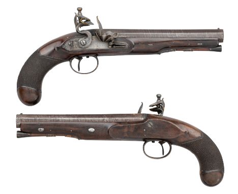A PAIR OF 20 BORE FLINTLOCK OFFICER'S PISTOLS SIGNED HARTSHORN, BIRMINGHAM PRIVATE PROOF MARKS, CIRCA 1810with rebrowned twis