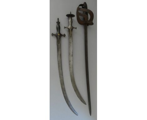 TWO INDIAN SWORDS (TALWAR) AND A CONTINENTAL ARTILLERY SWORD, LATE 19TH CENTURYthe first with heavy curved blade double-edged