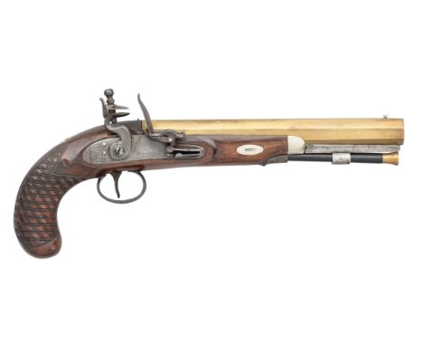 A 25 BORE FLINTLOCK PISTOL FOR THE AMERICAN MARKET SIGNED T. ATWOOD, LONDON, CIRCA 1820with octagonal sighted brass barrel in