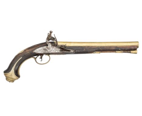A 16 BORE FLINTLOCK HOLSTER PISTOL BY RICHARD (1) WILSON, CIRCA 1750; with brass barrel inscribed ~London~ within a linear fr