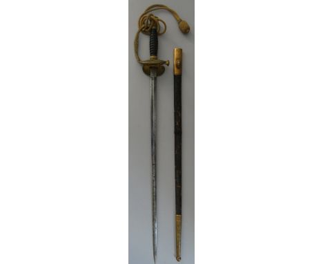 ‡ A JAPANESE ARMY OFFICER~S COURT SWORD IN BLACK LEATHER SCABBARD, LATER MEIJI PERIOD, 1875-1912with copper gilt fittings wit